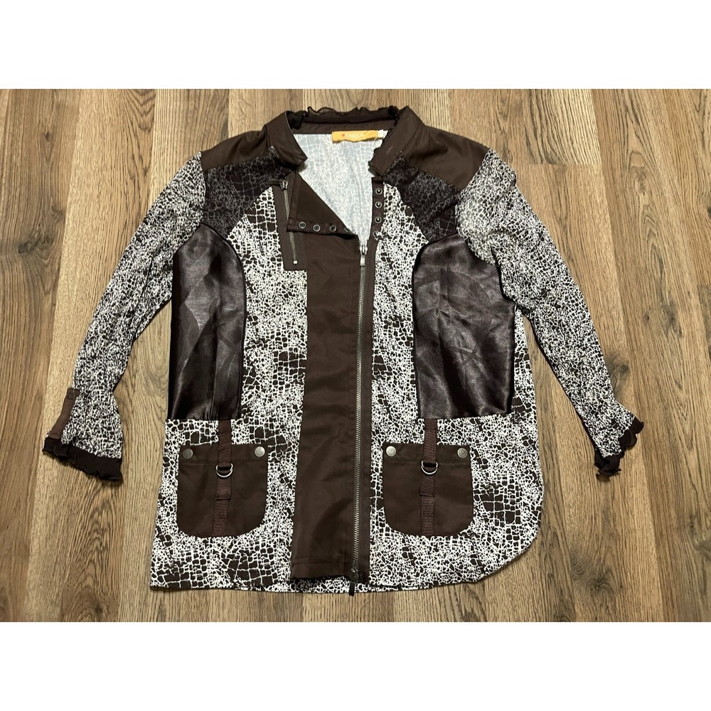 Biba Shirt, Women's Size Medium, Brown White, Animal Print, Full Zip, 1/4 Snap